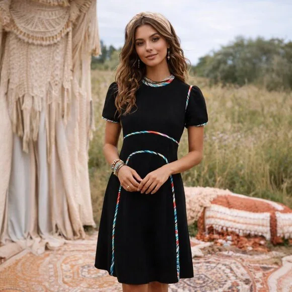 Mary Katrantzou Black Multicolor Contrast Piping Short Sleeve Dress Size 2 - Picture 2 of 6